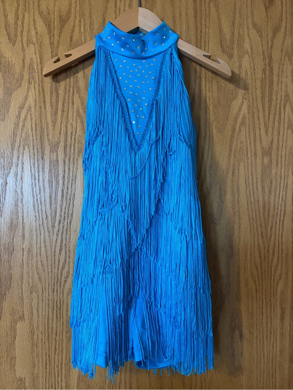 Weissman Bright Blue Fringe Halter Dance Dress with Studded Neck